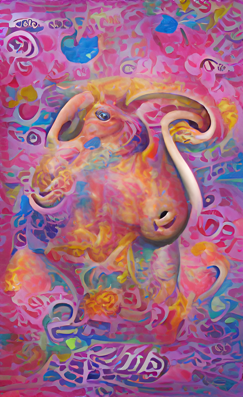 Imagen digital estilo psicodélico generada a partir de texto con inteligencia artificial, que representa el signo zodiacal de Aries.
