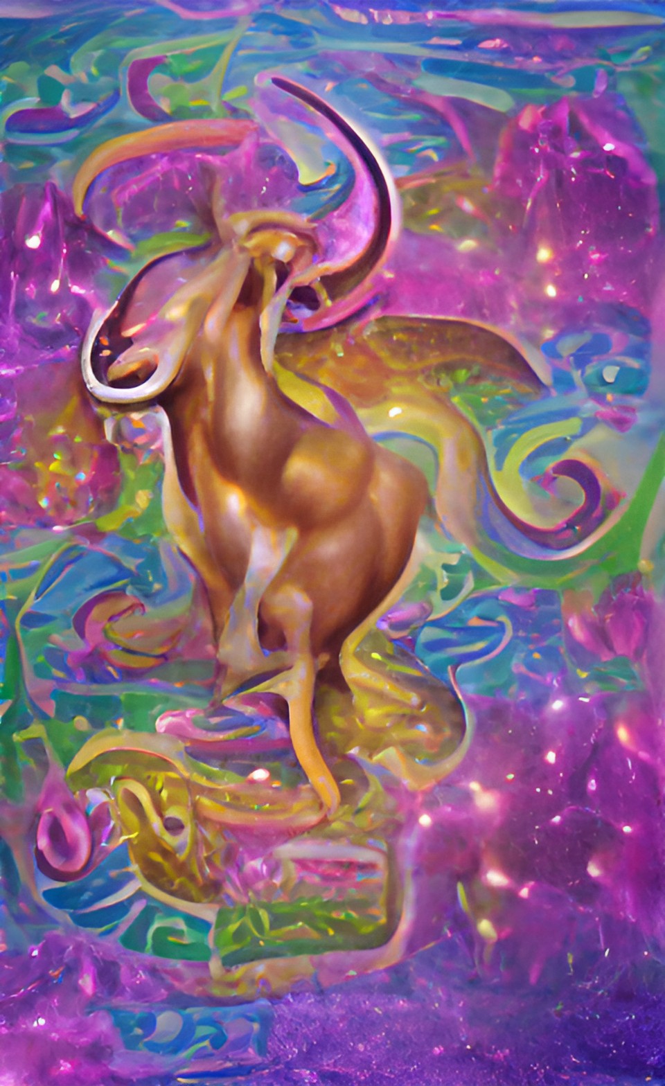 Imagen digital estilo psicodélico generada a partir de texto con inteligencia artificial, que representa el signo zodiacal de Sagitario.