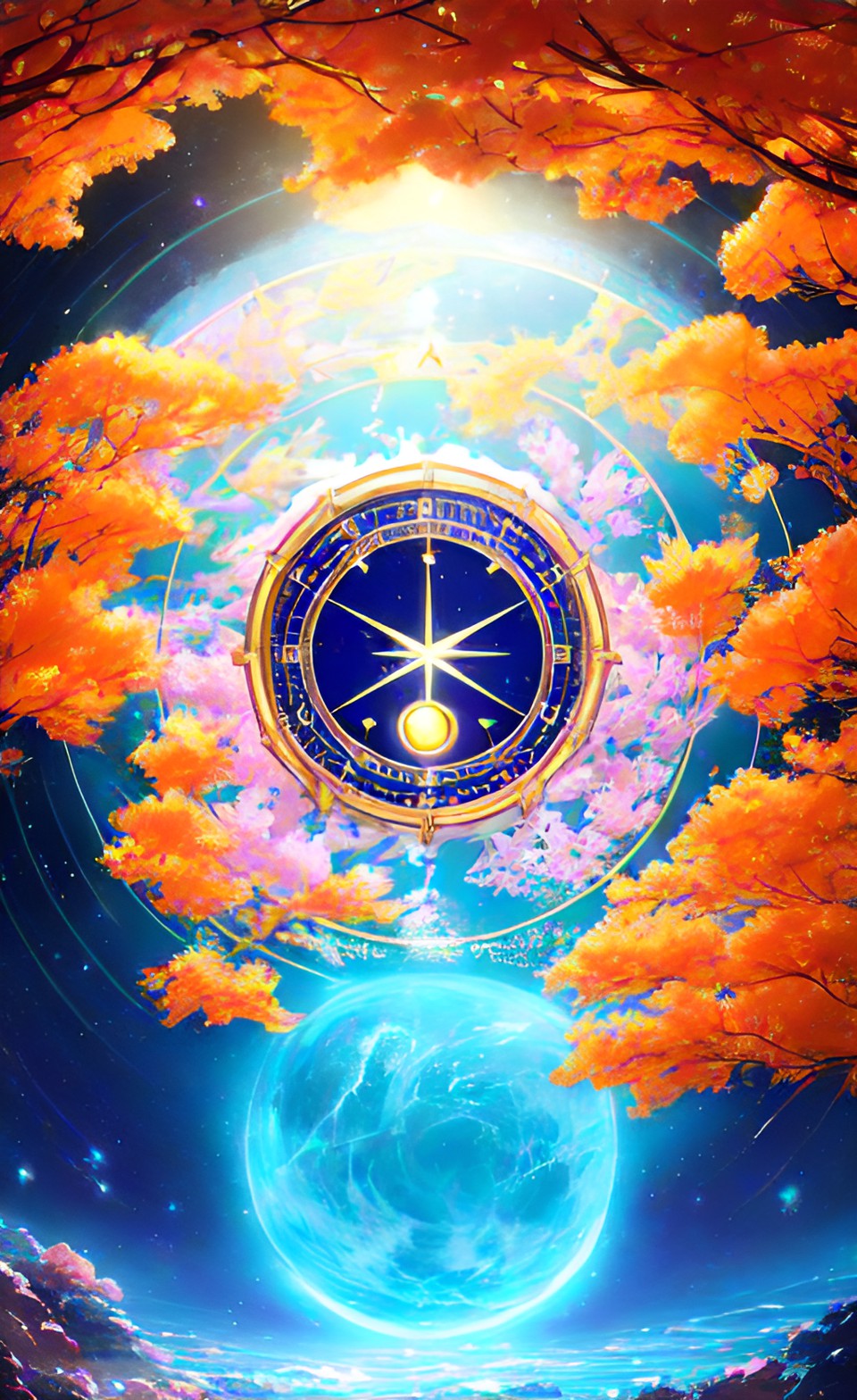 Imagen digital estilo anime, creada con inteligencia artificial que representa al signo zodiacal de Cáncer. En el cielo una mealla dorada con azul, alrededor flores moradas y hojas de árbol amarillas, debajo la luna llena azul.