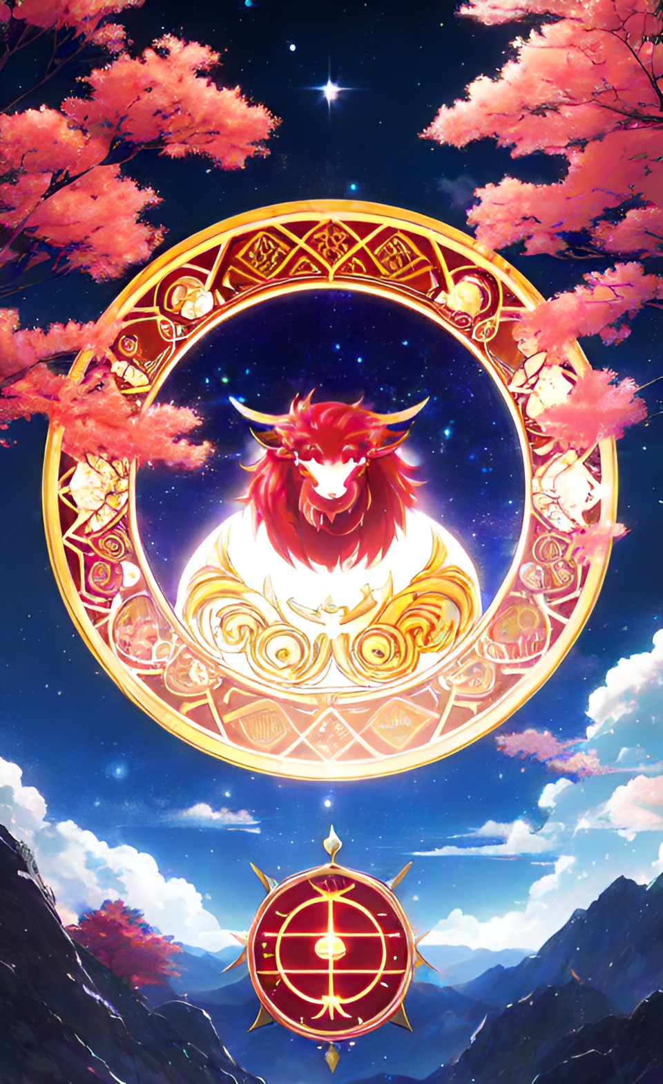 Imagen digital estilo anime, creada con inteligencia artificial que representa al signo zodiacal de Aries. Un carnero dentro de un círculo, hojas de árbol alrededor, debajo hay montañas con nubes.