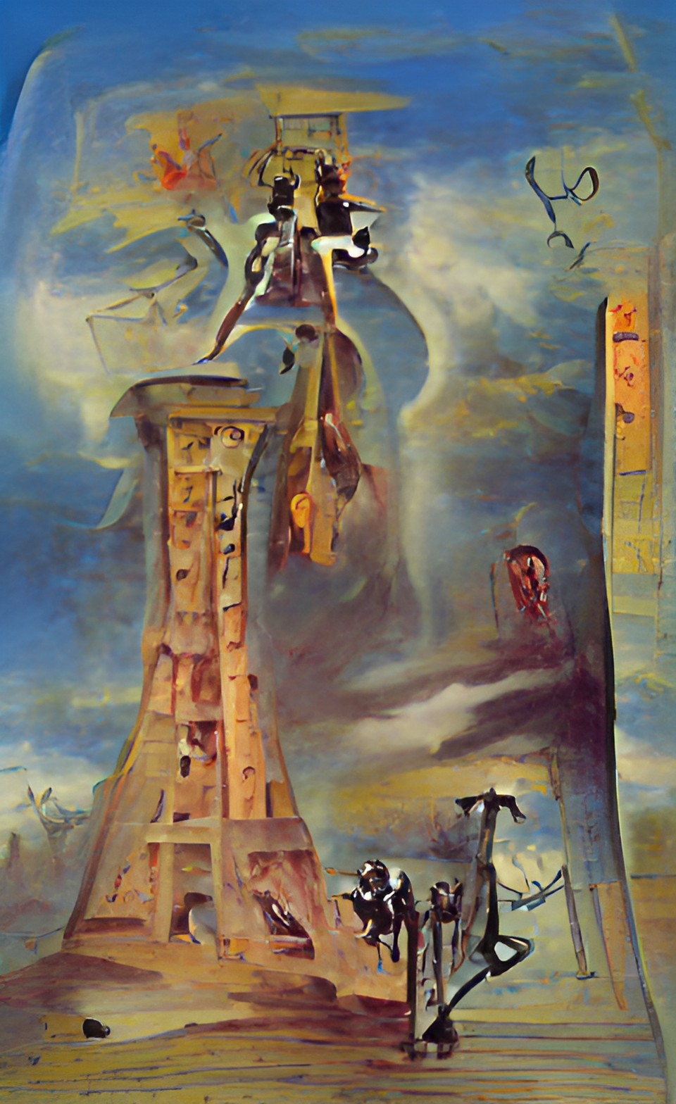 Imagen digital estilo S. Dalí, generada a partir de texto con inteligencia artificial, que representa la carta de Tarot La Torre.