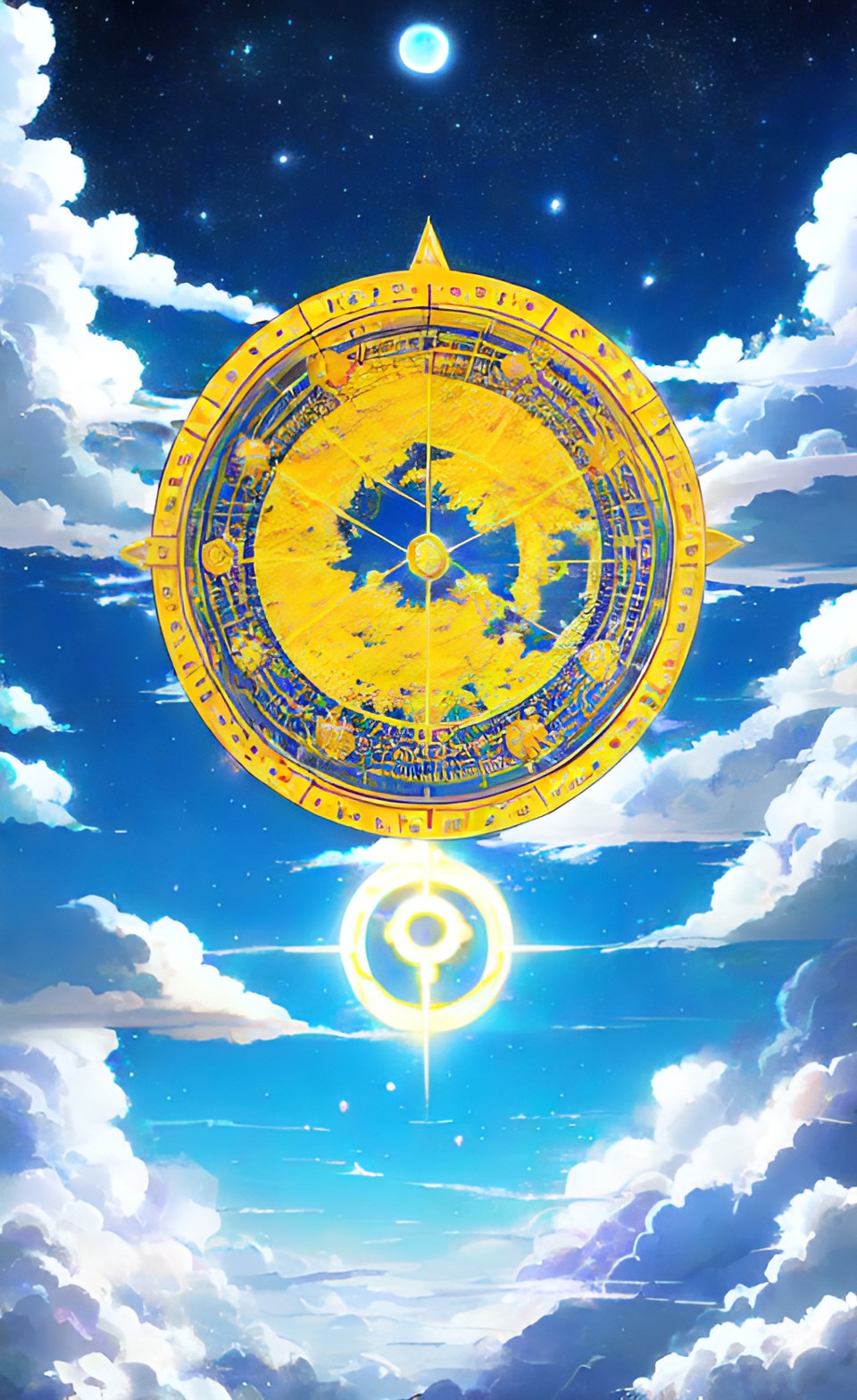 Imagen digital estilo anime, creada con inteligencia artificial que representa al signo zodiacal de Leo. En el cielo, una medalla dorada que parece un mapamundi, nubes y la luna llena.