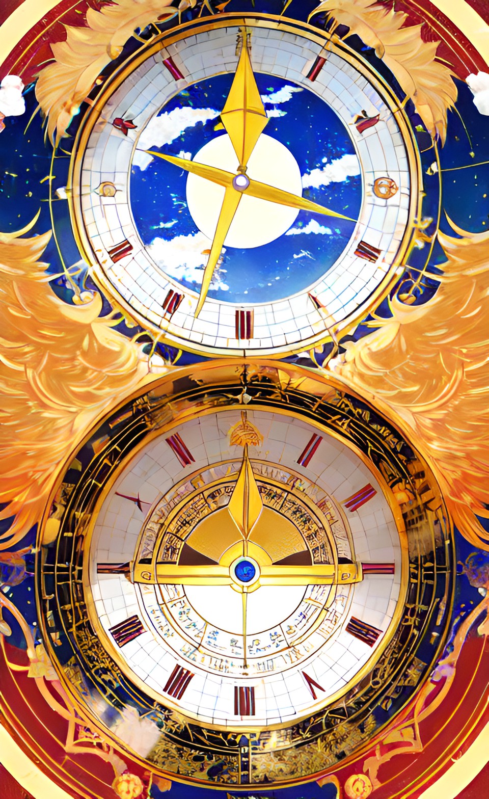 Imagen digital estilo anime, creada con inteligencia artificial que representa al signo zodiacal de Libra. Dos relojes dorados.