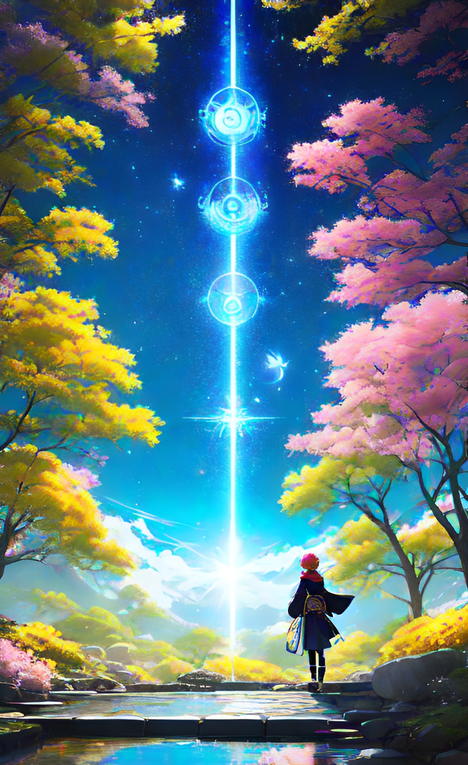 Imagen digital estilo anime, creada con inteligencia artificial que representa al signo zodiacal de Piscis. Cuatro estrellas alineadas de forma vertical, árboles verde a la izquierda, árboles morados a la derecha, una persona mira.