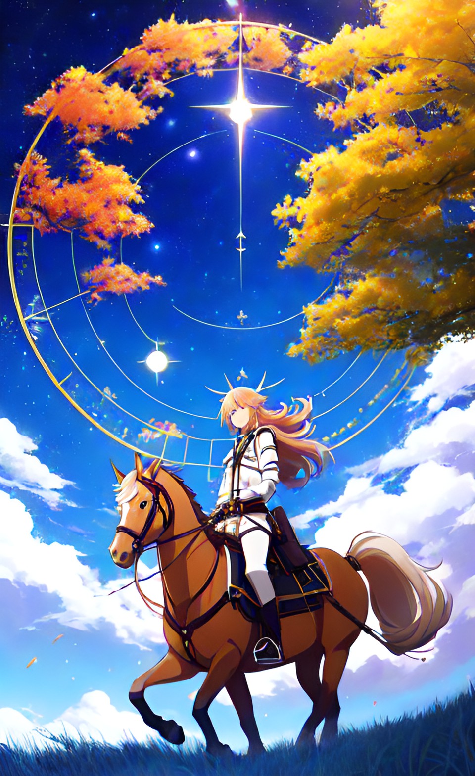 Imagen digital estilo anime, creada con inteligencia artificial que representa al signo zodiacal de Sagitario. En el cielo un círculo estelar con una estrella brillante, debajo un chico monta un caballo, nubes, hojas de árbol.