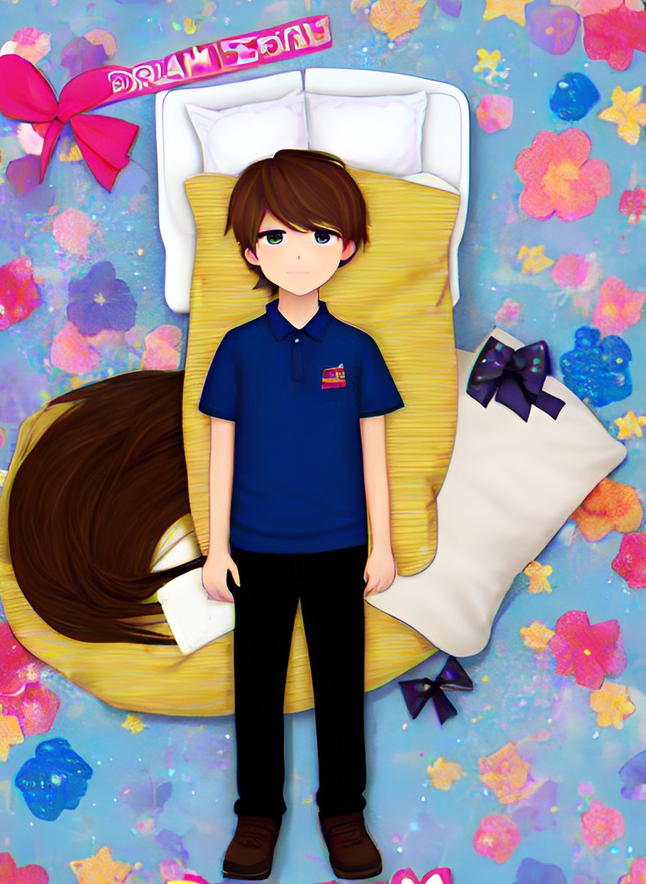 Imagen digital de un chico estilo anime, dos almohadas blancas, una cobija rosa, alfombra de flores
