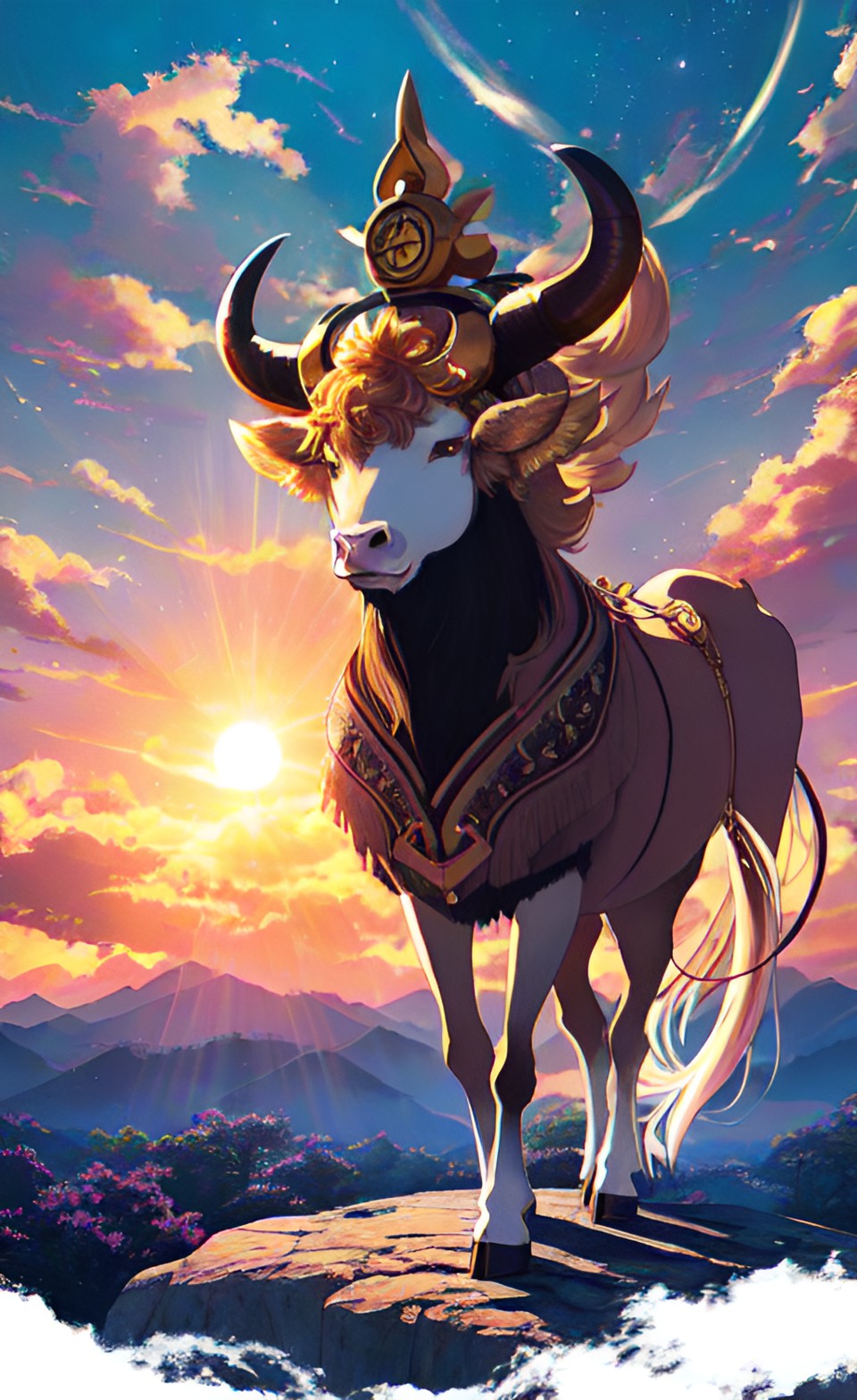 Imagen digital estilo anime, creada con inteligencia artificial que representa al signo zodiacal de Tauro. Un torojoven sobre una montaña, detrás el sol del amanecer y nubes, cielo azul y naranja, montañas lejanas.