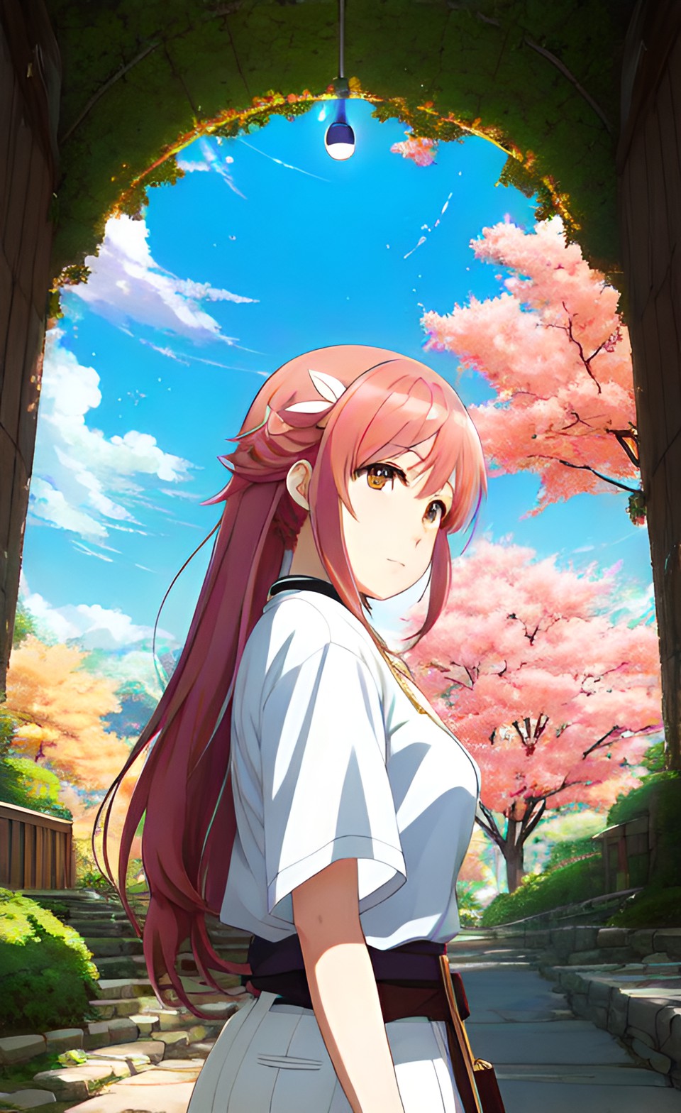 Imagen digital estilo anime, creada con inteligencia artificial que representa al signo zodiacal de Virgo. Una chica de cabello largo y castaño de pie bajo un arco que sale hacia el bosque.