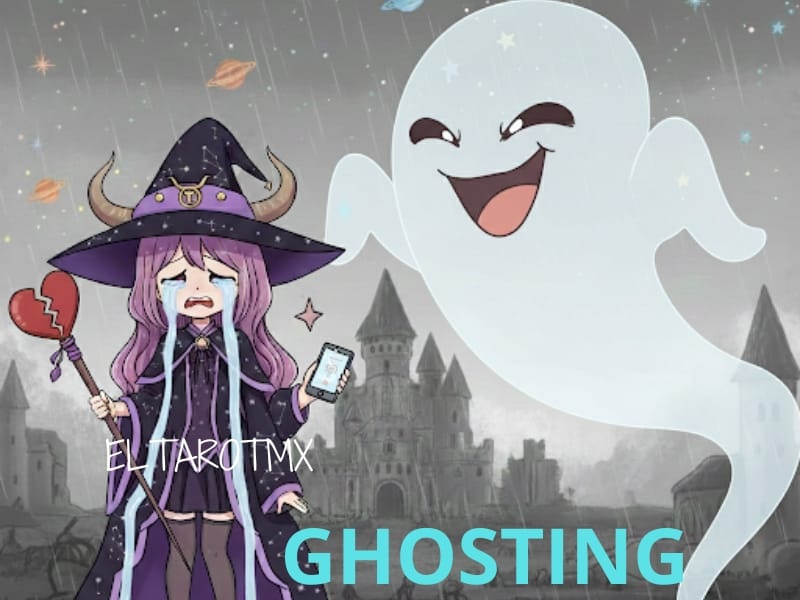 Ilustración de ghosting: mujer triste mirando su celular mientras un fantasma representa a una persona que desapareció sin explicación