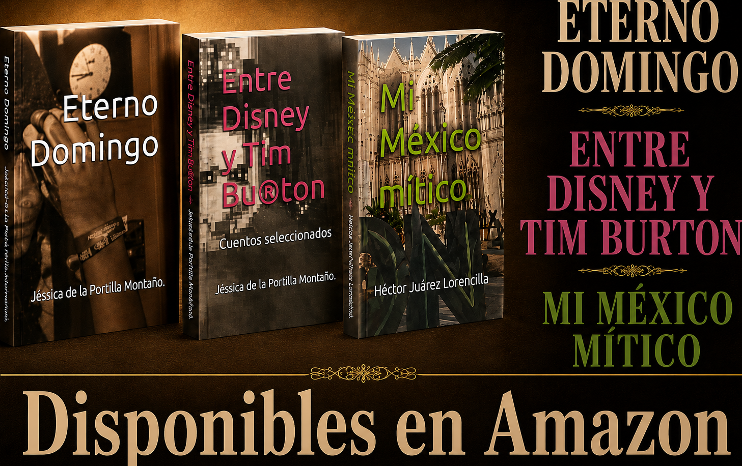 Tres libros disponibles en Amazon: Eterno Domingo, Entre Disney y Tim Burton, de la autora mexicana Jéssica de la Portilla Montaño. Mi México mítico, del escritor mexicano Héctor Juárez Lorencilla.