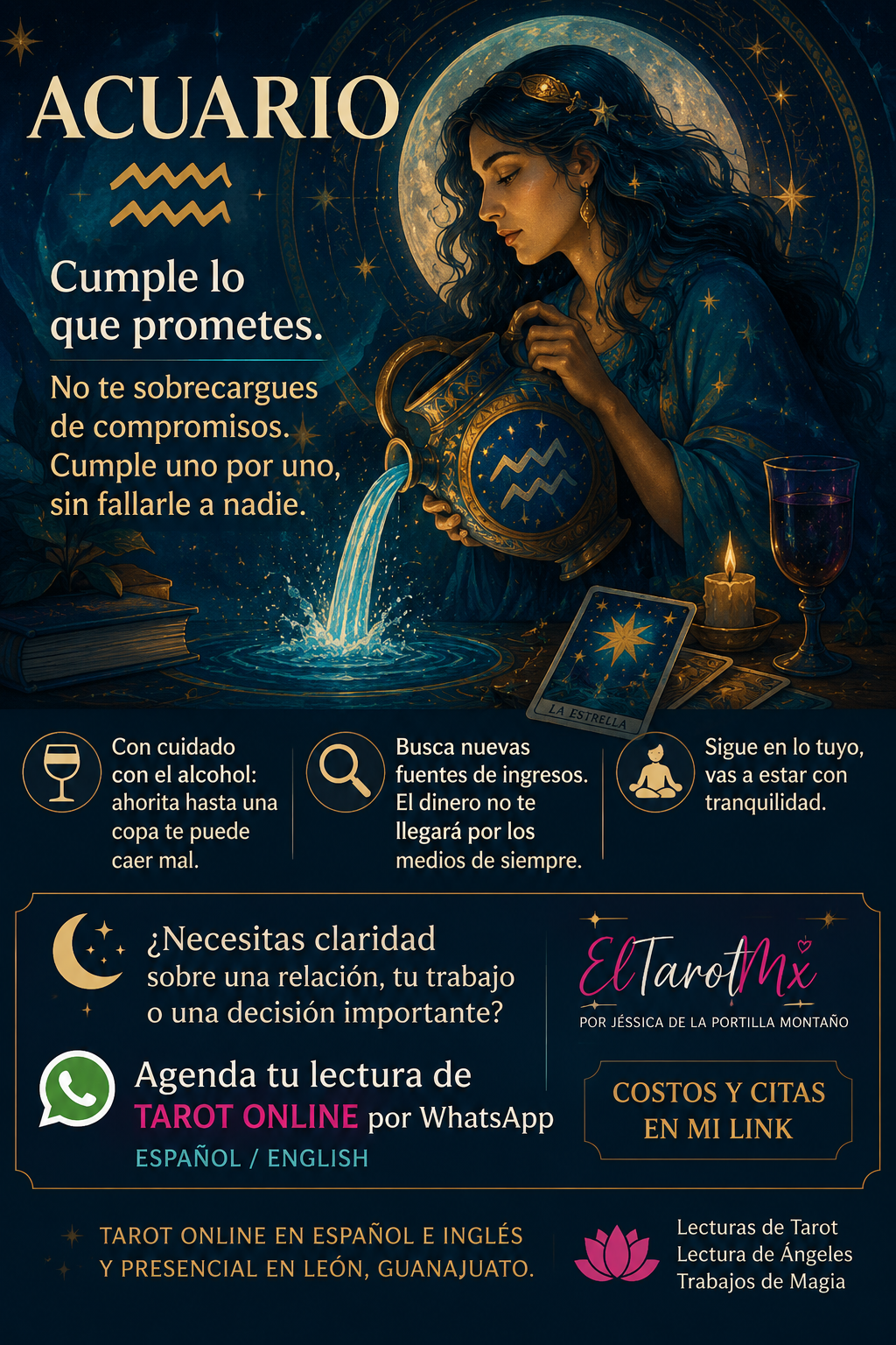 Ilustración de Acuario vertiendo agua bajo las estrellas para una lectura semanal de Tarot