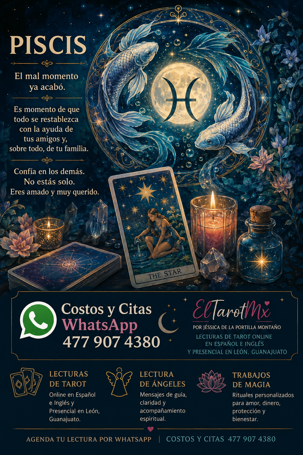 Ilustración astrológica de Piscis con dos peces, luna y elementos de Tarot